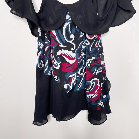 Parker Draped Sleeve Blouse Cold Shoulder Ruffle Pieced Paisley Print Black M - Picture 7 of 12